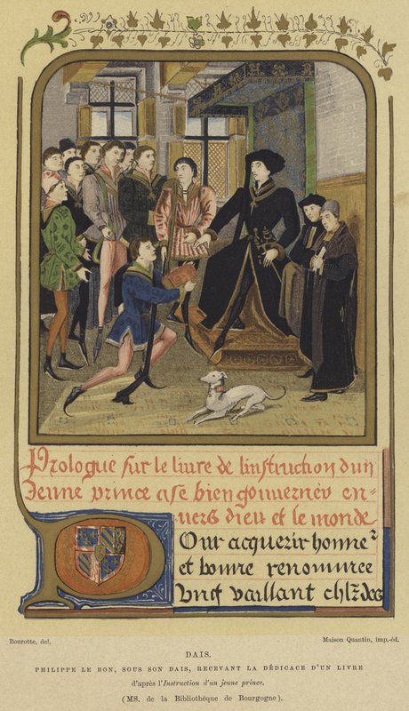 Filip den gode, hertig av Bourgogne, sittande på en plattform och tar emot en bok, 1400-talet av French School