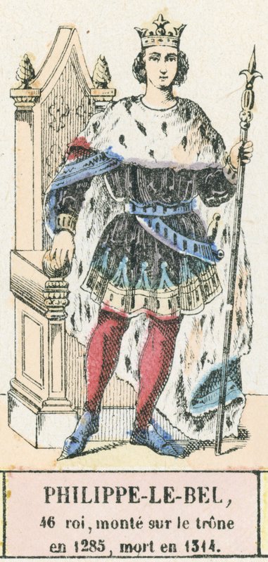 Philippe-le-Bel, 46:e kung, besteg tronen 1285, dog 1314 (färgad gravyr) av French School