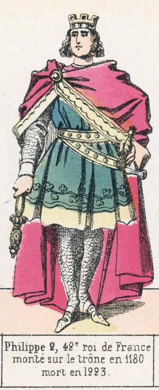 Philippe 2, 42:e kung av Frankrike, besteg tronen 1180, dog 1223 (färgad gravyr) av French School