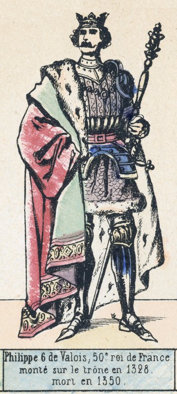 Philippe 6 de Valois, 50:e kung av Frankrike, besteg tronen 1328, dog 1350 (färgad gravyr) av French School