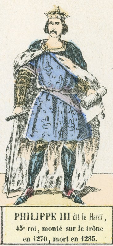 Philippe III dit le Bold, 45:e kung, besteg tronen 1270, dog 1285 (färgad gravyr) av French School