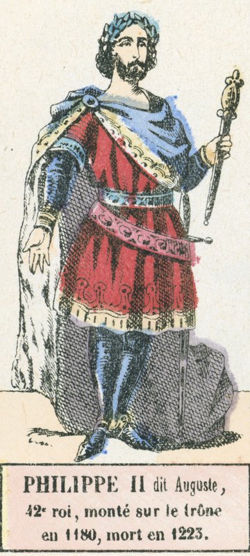 Philippe II dit Auguste, 42:e kung, besteg tronen 1180, dog 1223 (färgad gravyr) av French School