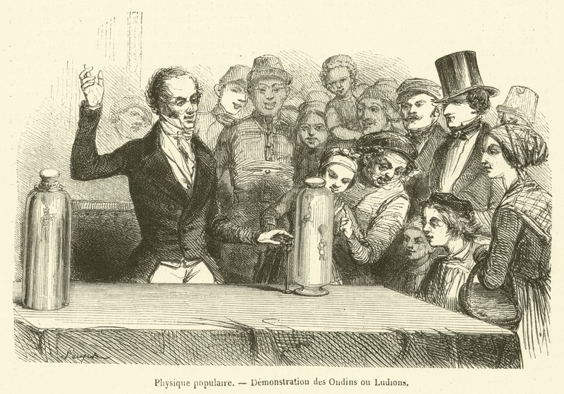 Populär fysik, demonstration av Ondins eller Ludions (gravyr) av French School