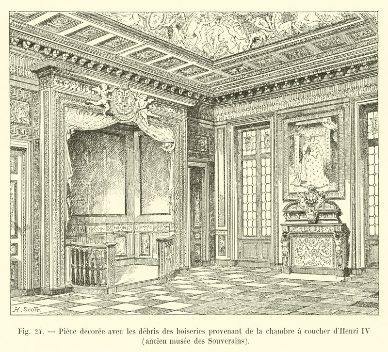 Rum inrett med träskräp från sovrummet till Henri IV, före detta Sovereigns Museum av French School