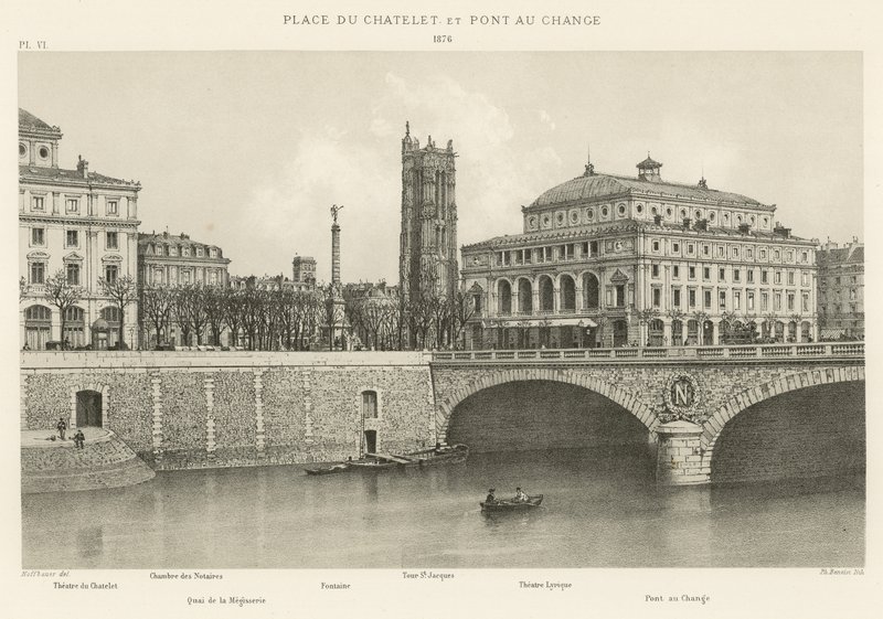 Place du Chatelet och Pont au Change, 1876 av French School
