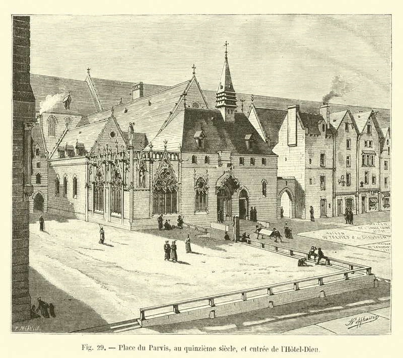 Place du Parvis, på 1400-talet, och ingången till Hôtel-Dieu av French School