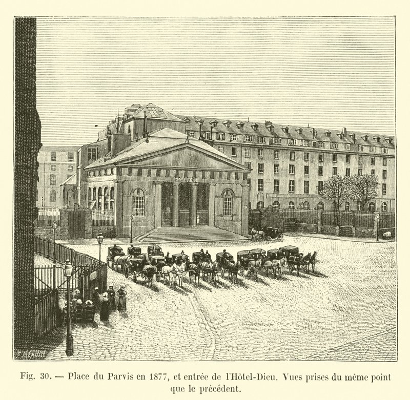 Place du Parvis 1877, och ingången till Hôtel-Dieu, utsikt från samma punkt som den föregående av French School