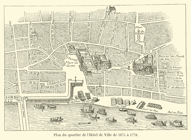 Plan över Hotel de Ville-distriktet från 1675 till 1778 av French School