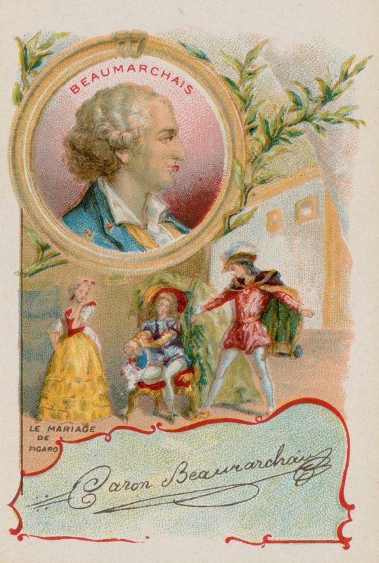 Dramatikern Pierre-Augustin Caron de Beaumarchais med en scen från Figaros bröllop av French School