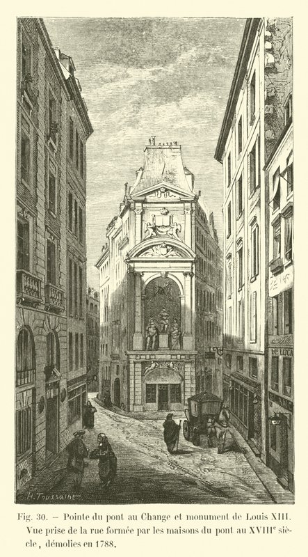 Point of the Pont au Change och Louis XIII:s monument, utsikt från gatan som bildades av husen på bron på 1700-talet, revs 1788 av French School
