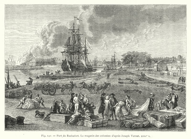 Port of Rochefort, kolonialaffären; efter Joseph Vernet 1700-tal (gravyr) av French School