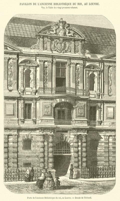 Dörren till det tidigare kungens bibliotek, vid Louvren (gravyr) av French School