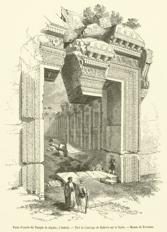 Ingångsporten till Jupiters tempel, vid Baalbek (gravyr) av French School