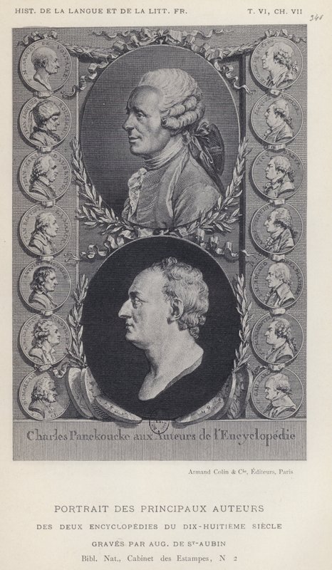 Porträtt av huvudförfattarna till 1700-talets två uppslagsverk (litho) av French School