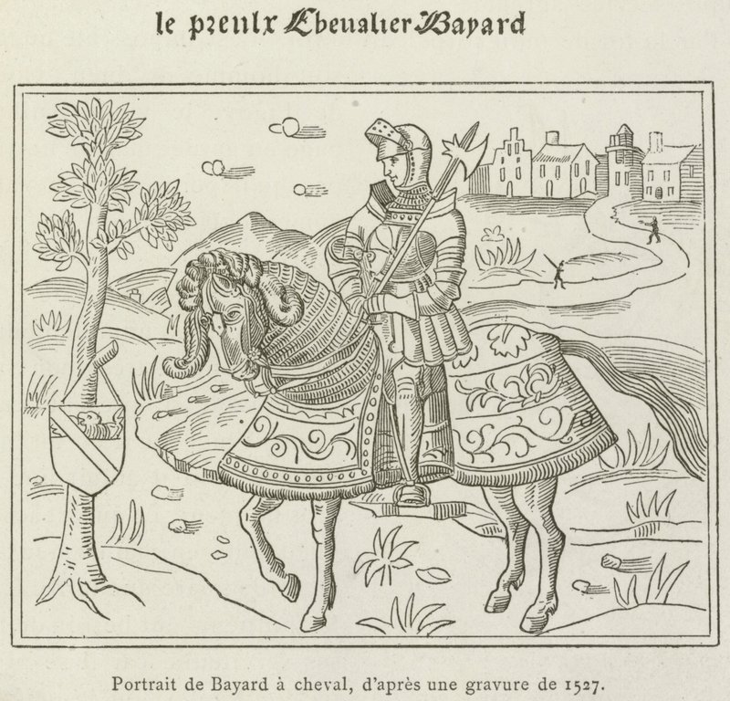 Porträtt av Bayard till häst (gravyr) av French School