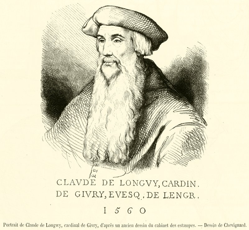 Porträtt av Claude de Longwy, kardinal av Givry (gravyr) av French School