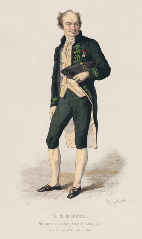 Porträtt av Louis Benoit Picard, fransk dramatiker (färgad gravyr) av French School