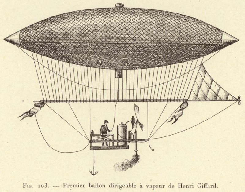 Första ångluftskeppet av Henri Giffard (gravyr) av French School