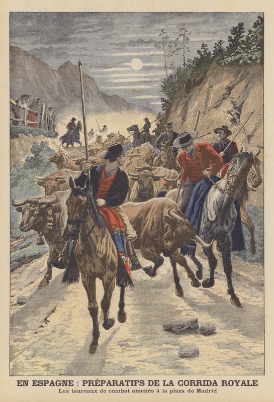 Förberedelser inför tjurfäktningarna för att fira bröllopet av kung Alfons XIII av Spanien (färg litho) av French School