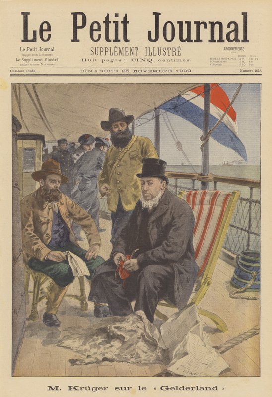 President Kruger av Transvaal seglar i exil ombord på det holländska skeppet Gelderland (färg litho) av French School