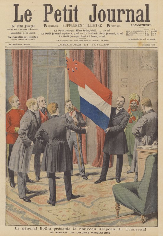 Premiärminister Louis Botha presenterar den nya flaggan för kolonin Transvaal till British Colonial ... (färg litho) av French School
