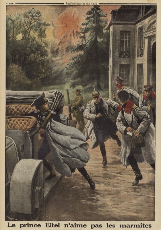 Prins Eitel Friedrich av Preussen, andre son till kejsar Wilhelm II av Tyskland, flyr i panik när hans högkvarter på Chateau de Temple-la Fosse utsätts för franskt artilleribombardemang under slaget vid Somme, första världskriget av French School