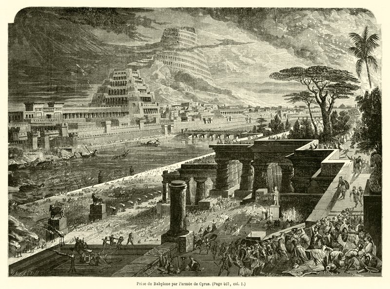 Erövring av Babylon av Cyrus armé (gravyr) av French School