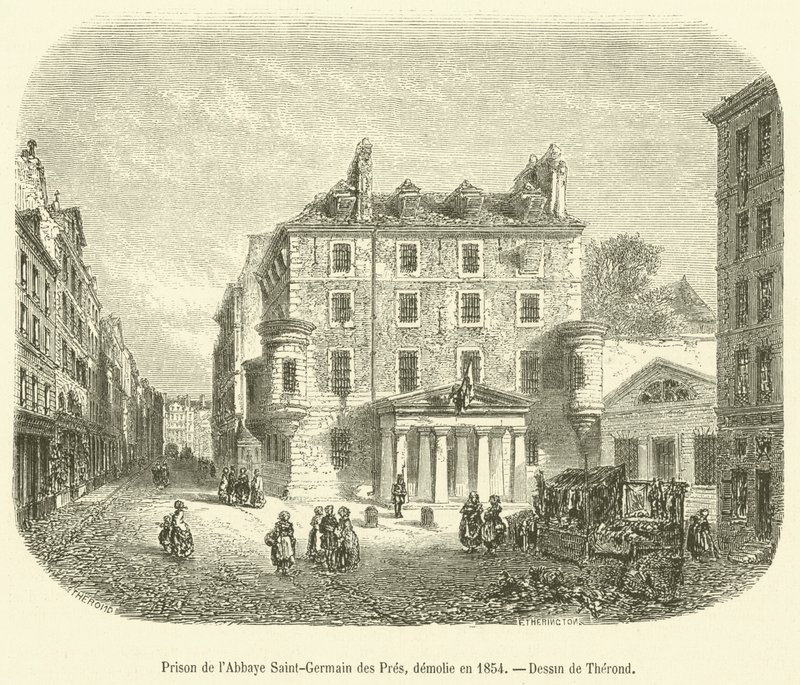 Fängelset i Saint-Germain des Pres Abbey, revs 1854 (gravyr) av French School
