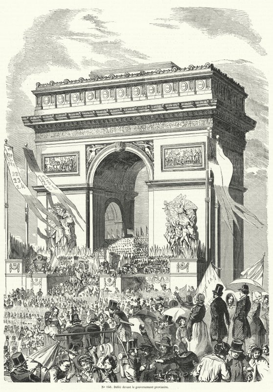 Procession som passerar framför den franska provisoriska regeringen vid Triumfbågen, Paris av French School