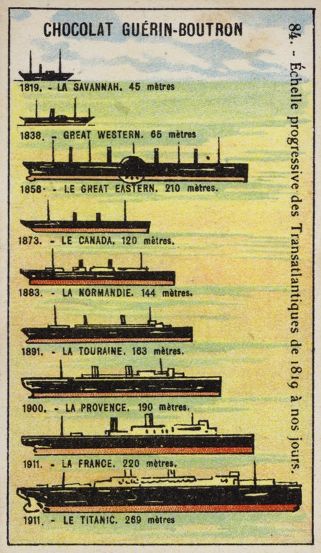 Progressiv ökning av storleken på transatlantiska fartyg från 1819 till 1911 (chromolitho) av French School