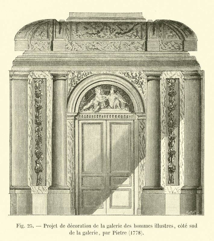 Utsmyckningsprojekt för galleriet av berömda män, södra sidan av galleriet, av Pietre, 1778 av French School