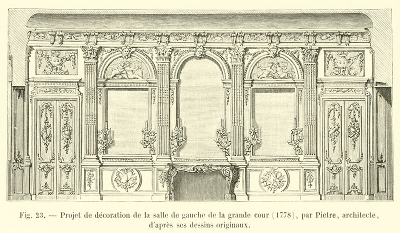 Projekt för utsmyckning av det vänstra rummet på den stora gården, 1778, av Pietre, arkitekt, från hans originalritningar av French School