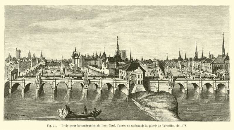 Projekt för byggandet av Pont-Neuf, efter en målning i Versailles-galleriet, från 1578 av French School