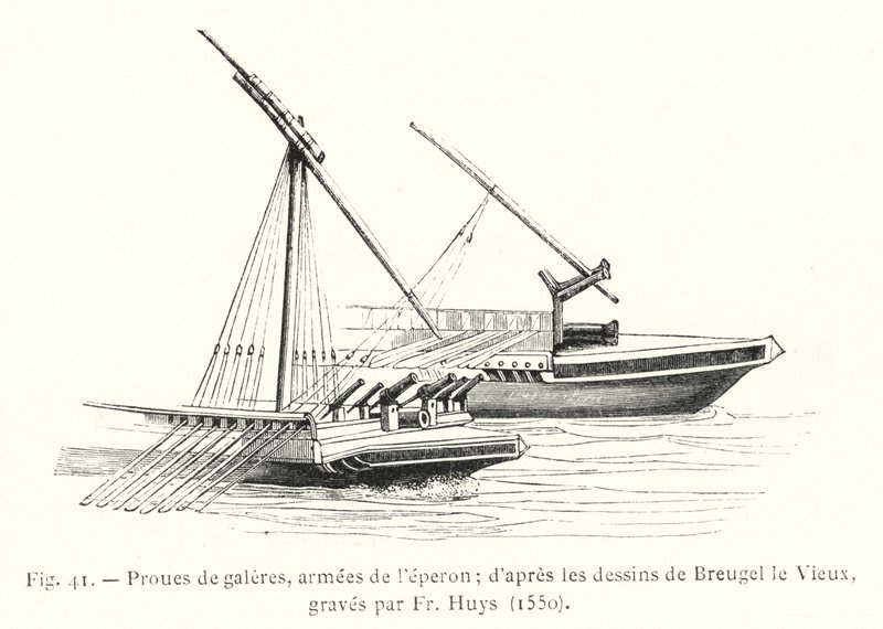 Förstänger av galärer, arméer av sporren; efter teckningarna av Breugel le Vieux, graverade av p. Huys av French School