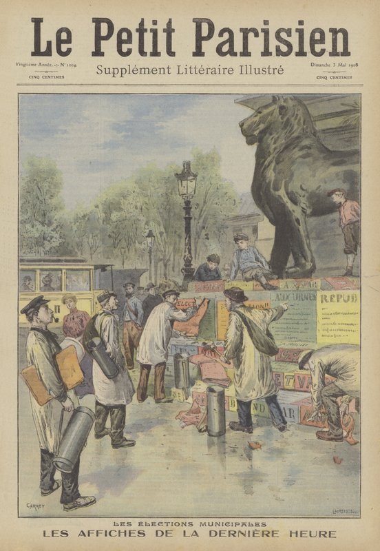 Att sätta upp affischer för det franska kommunalvalet (färg litho) av French School