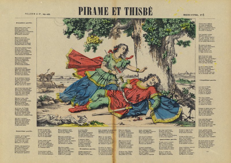 Pyramus och Thisbe (färglitografi) av French School