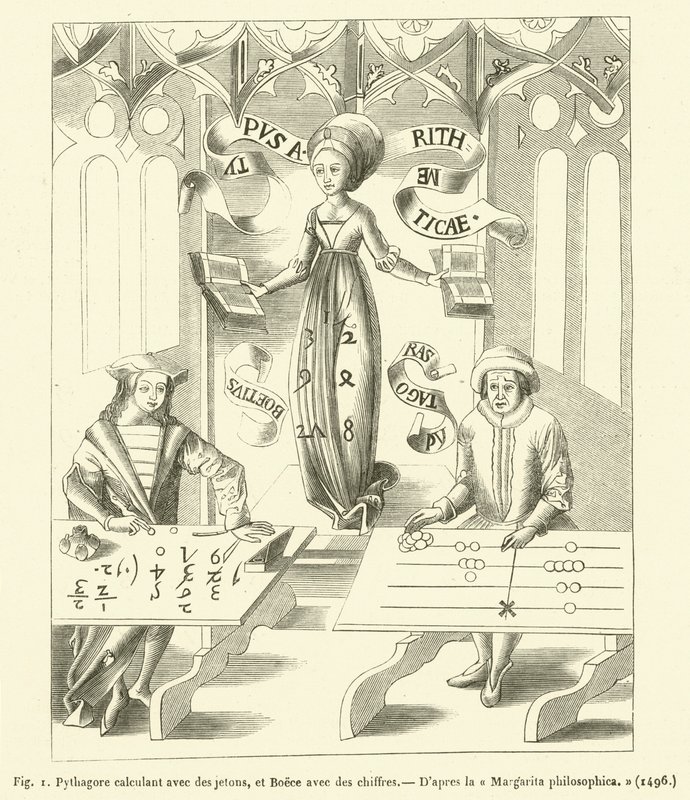 Pythagoras räknar med tokens och Boece med siffror (gravyr) av French School