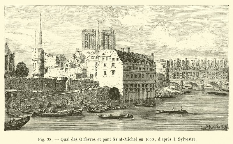 Quai des Orfevres och Pont Saint-Michel 1650, efter I Sylvestre av French School