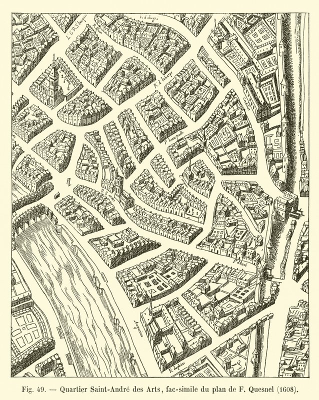 Saint-Andre des Arts-distriktet, faksimil av F Quesnels plan, 1608 av French School