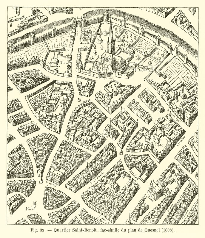 Saint-Benoit-distriktet, faksimil av kartan över Quesnel, 1608 av French School