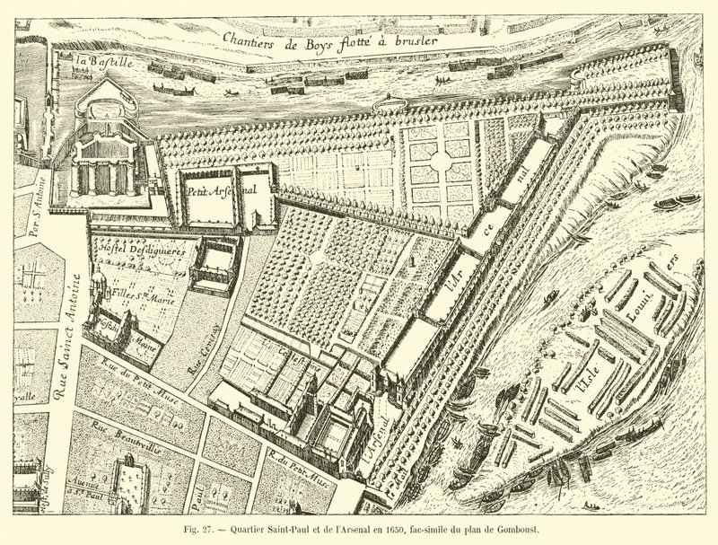 Saint-Paul och Arsenal-distriktet 1650, faksimil av planen för Gomboust av French School