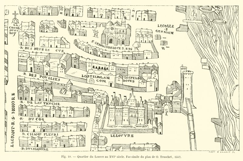 Louvren-distriktet på 1500-talet, faksimil av planen av O Truschet, 1552 av French School