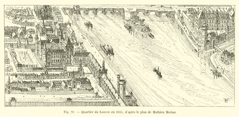 Louvren-distriktet 1615, enligt Mathieu Merians plan av French School
