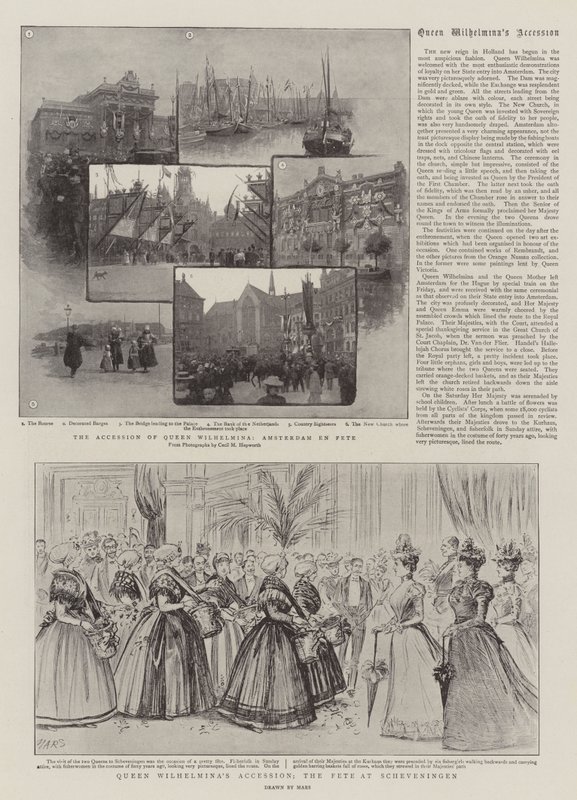 Drottning Wilhelminas tillträde, festen i Scheveningen (gravyr) av French School