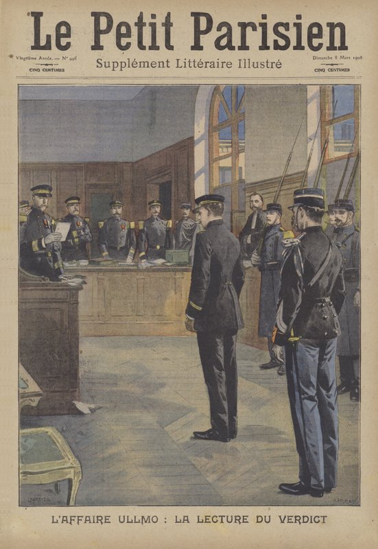 Uppläsning av domen vid förräderirättegången mot Charles Benjamin Ullmo (färg litho) av French School