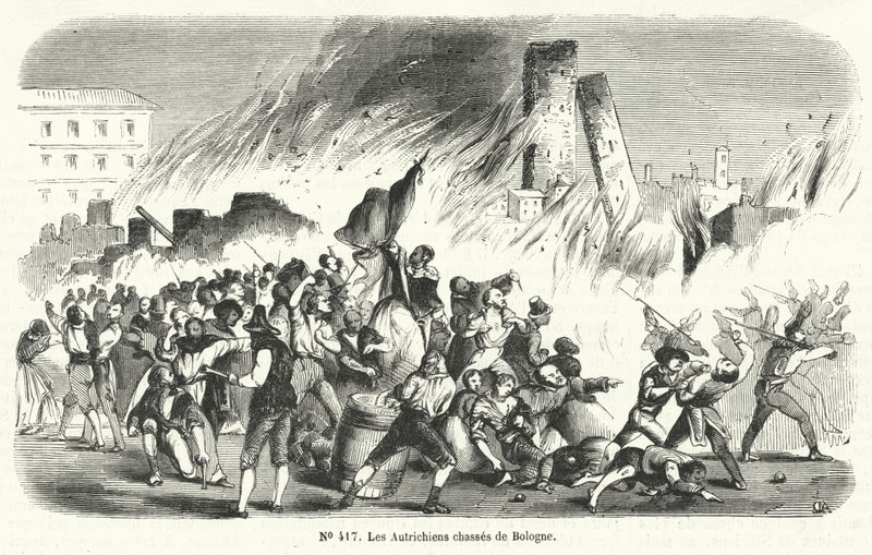 Rebeller driver österrikarna ut ur Bologna, Italien, 1848 av French School