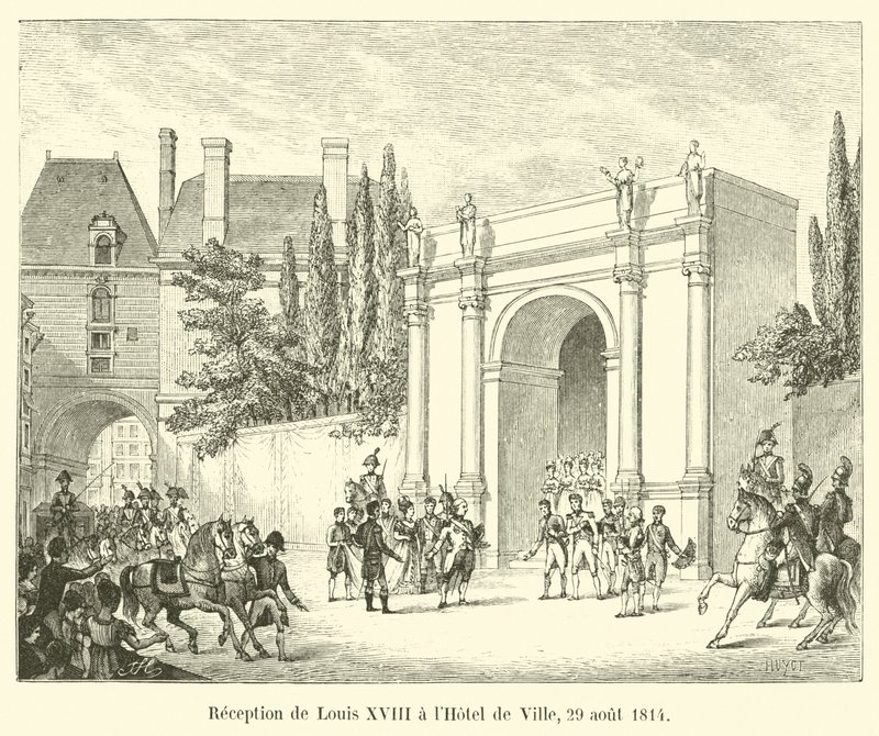 Mottagning av Ludvig XVIII på Hotel de Ville, 29 augusti 1814 av French School