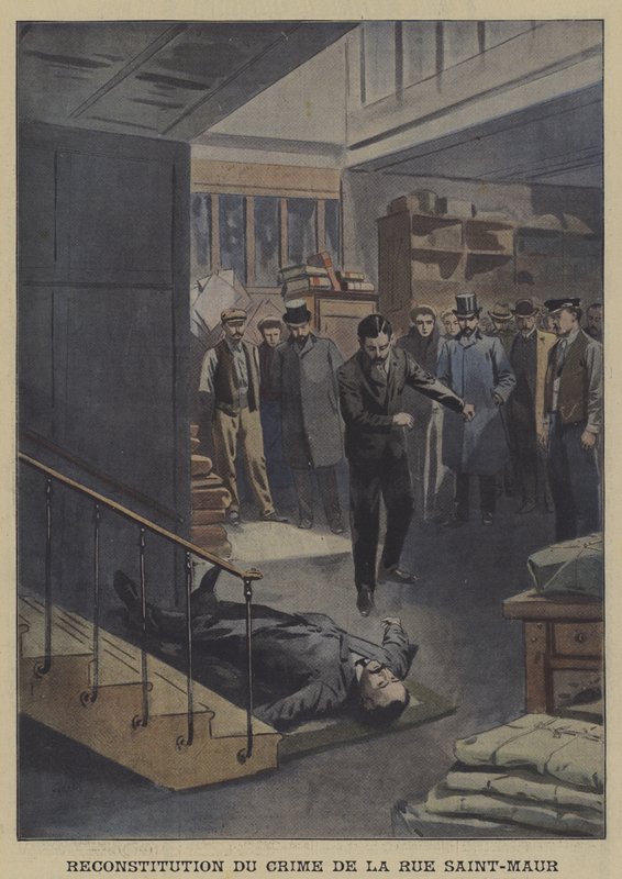 Rekonstruktion av ett mord i Rue Saint-Maur, Paris (färg litho) av French School