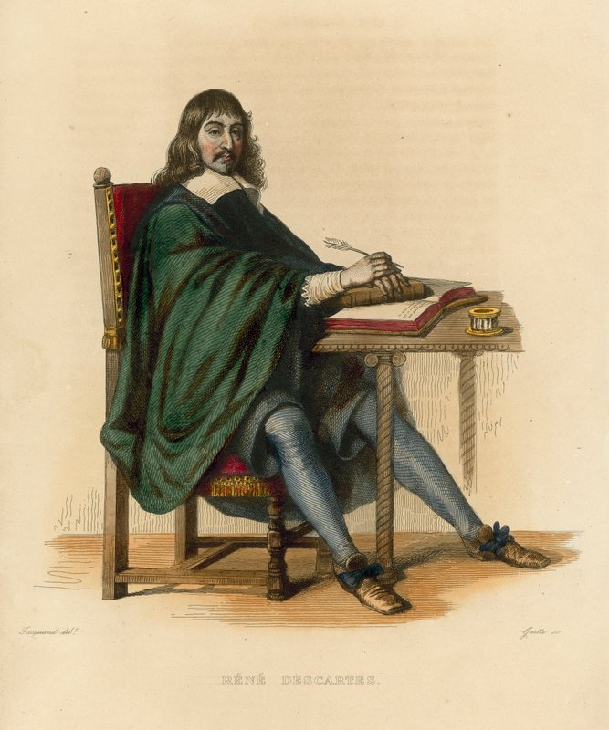 Rene Descartes (färgad gravyr) av French School