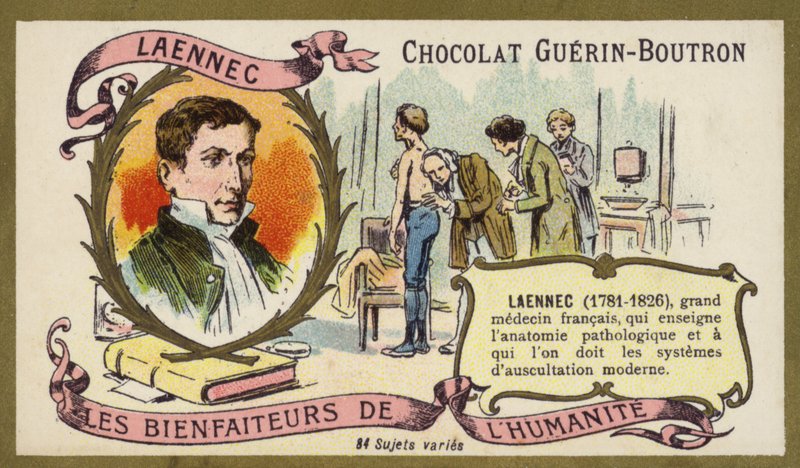 Rene Laennec, fransk läkare och uppfinnare av stetoskopet (chromolitho) av French School